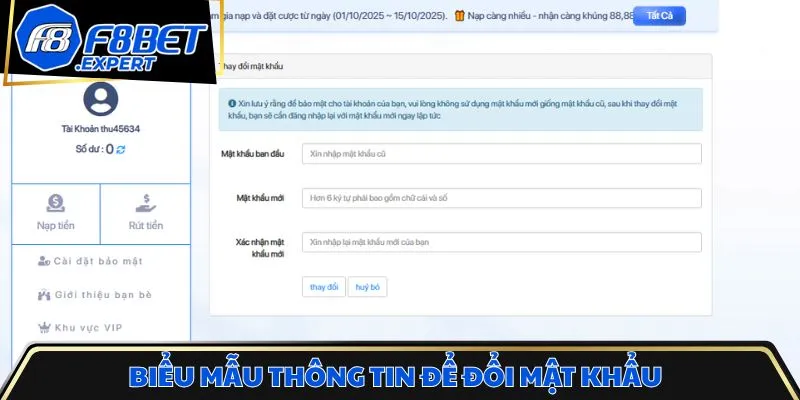 Biểu mẫu thông tin để đổi mật khẩu truy cập vào hệ thống