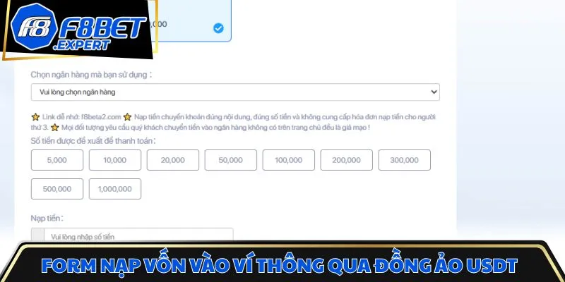Form nạp vốn vào ví cược thông qua đồng ảo USDT