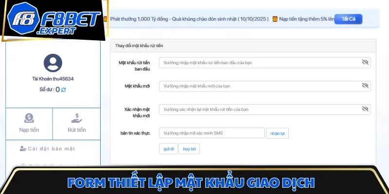 Form thiết lập mật khẩu giao dịch tại nền tảng cược